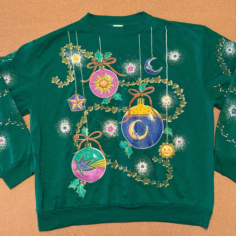 Holiday Time Sweatshirt Womens XL Green Vintage Celestial Ornaments Glitter USA